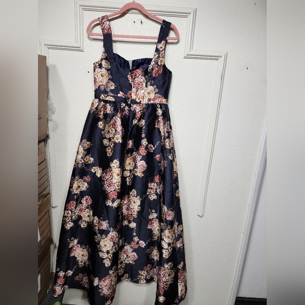 Lulus Elegant Pick Navy Blue Floral Sleeveless Bustier Maxi Dress S Wedding Prom - Picture 9 of 10